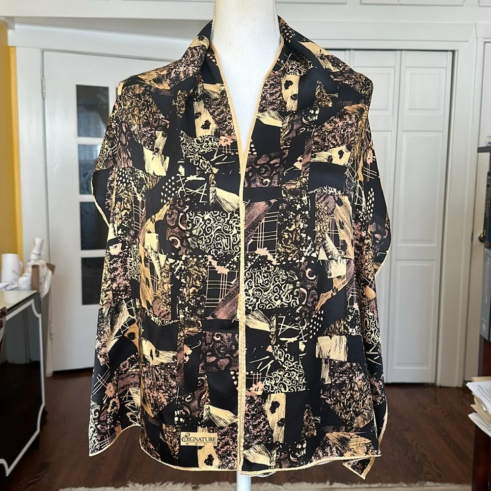 Vintage Echo Signature Black Gold 100% Silk Oblong Scarf Made in Japan